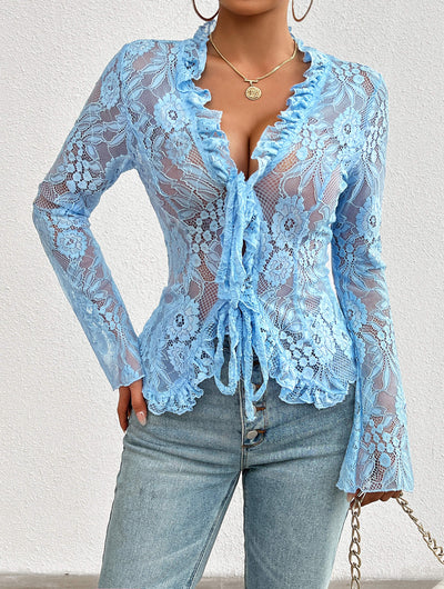 Janelle Floral Lace Sheer Cardigan - Blue