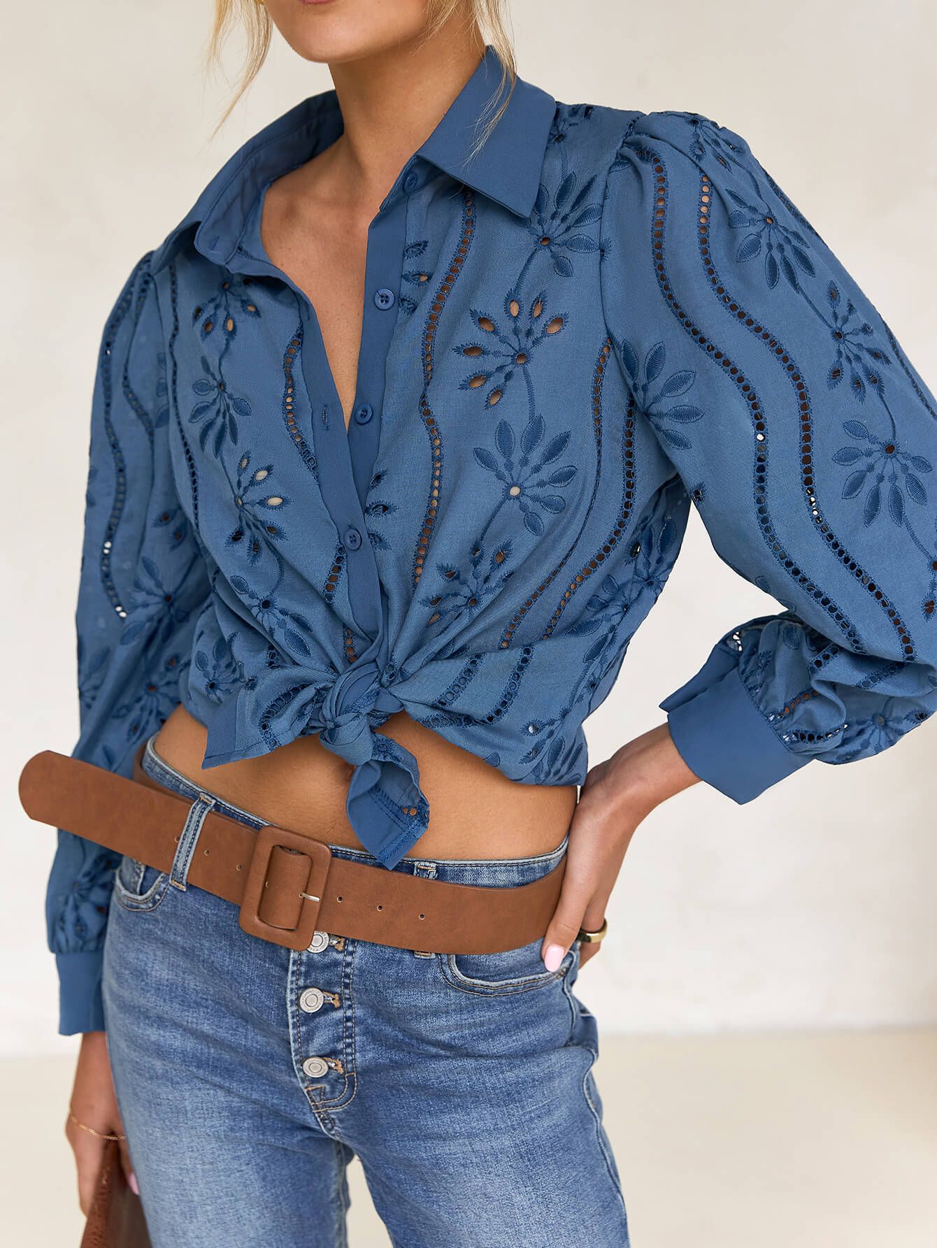 Miley Perforated Long Sleeve Blouse - blue