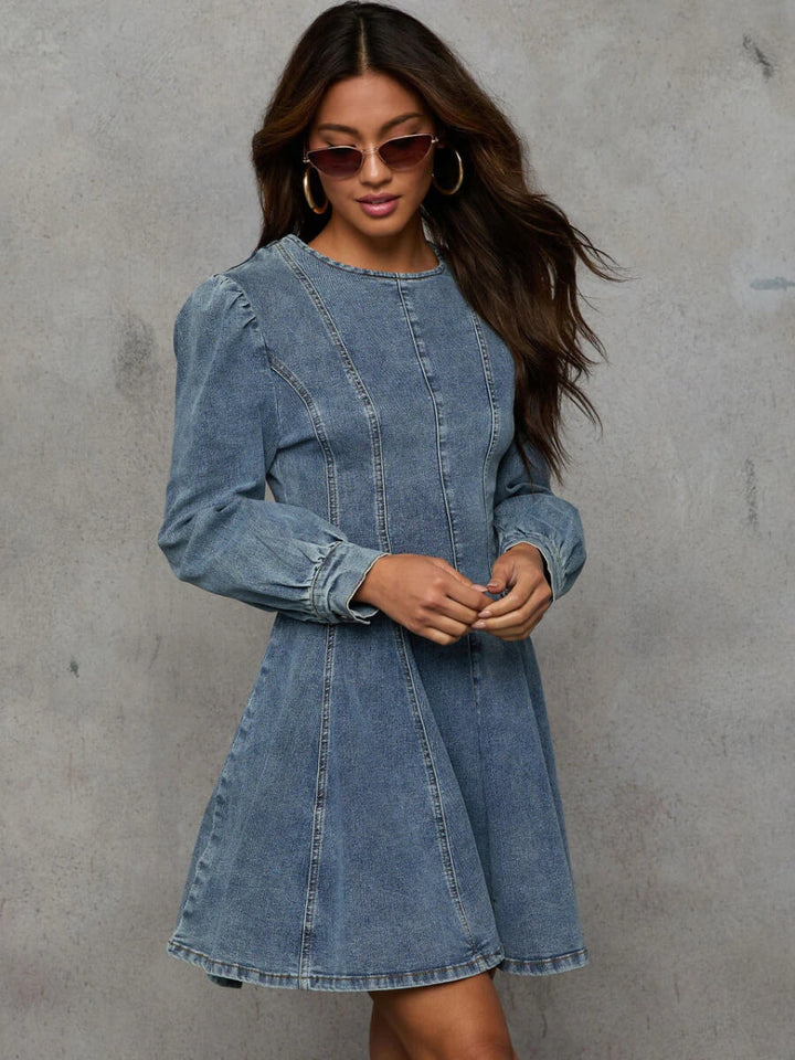 CHICLINE★denim puff-sleeved denim mini flare dress★ Follow Me Denim Fit And Flare Mini Dress - Denim – SMAIBULUN