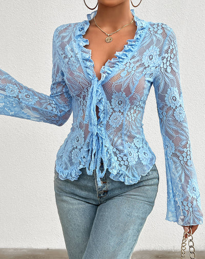 Janelle Floral Lace Sheer Cardigan - Blue