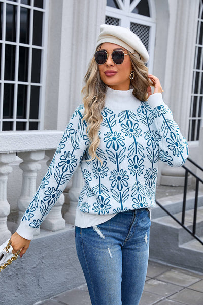 Fall In Flower Mockneck Sweater - Blue