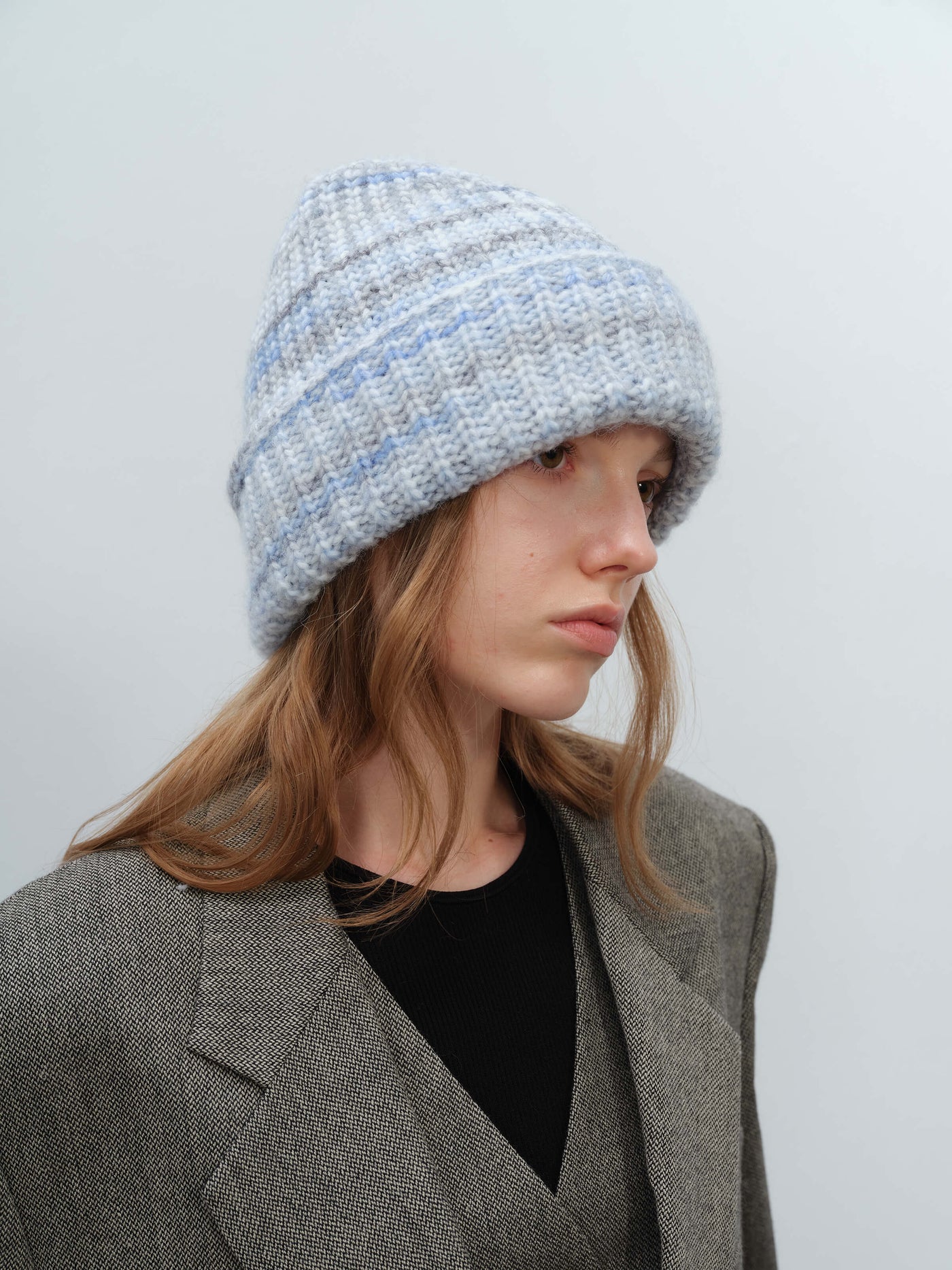 Wool Blend Gradient Knit Beanie - Blue