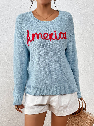 America Mom Knit Pullover Sweater - Blue