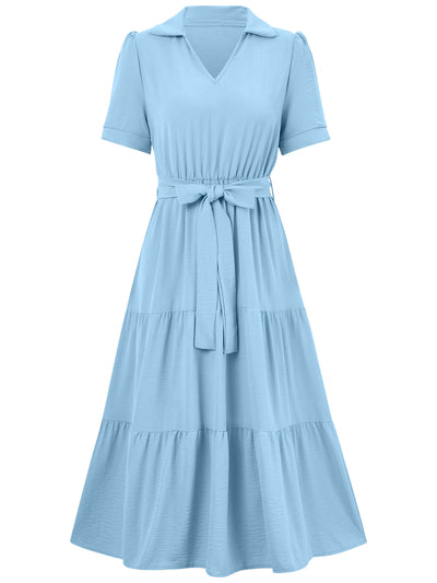 Celie Poplin Collared Tie Waist Midi Dress - Blue