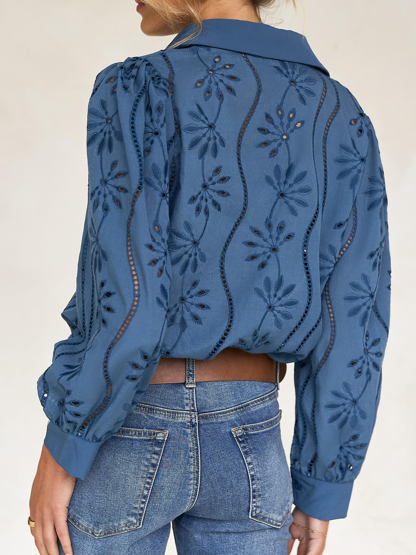 Miley Perforated Long Sleeve Blouse - blue