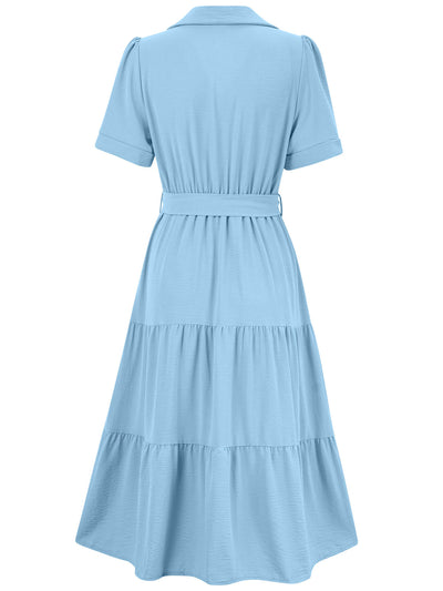 Celie Poplin Collared Tie Waist Midi Dress - Blue