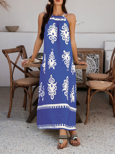 Indy Abstract Halter Neckline Maxi Dress - blue