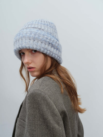 Wool Blend Gradient Knit Beanie - Blue