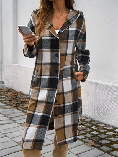 Town Stroll Plaid Hooded Coat - Brown