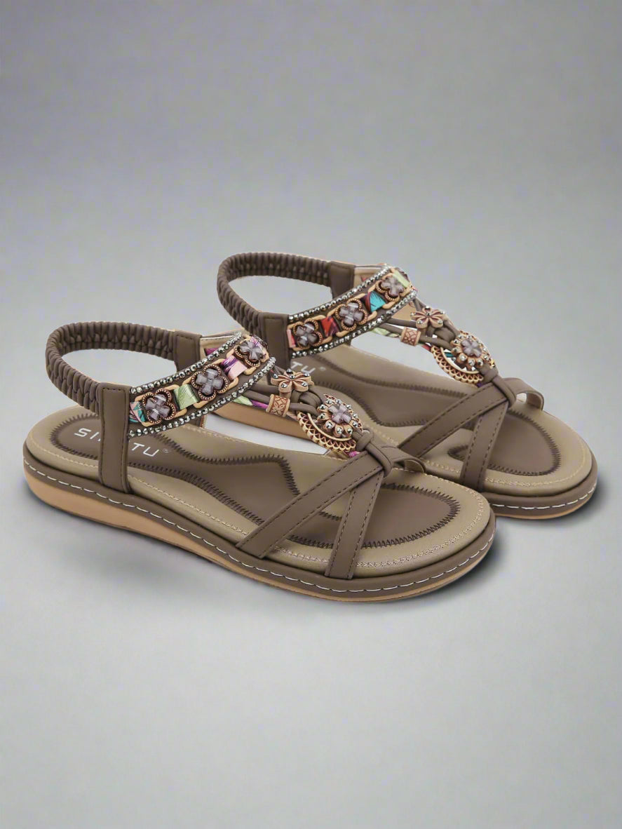 Siketu | Boho Daisy Beaded Cushioned Sandal - brown