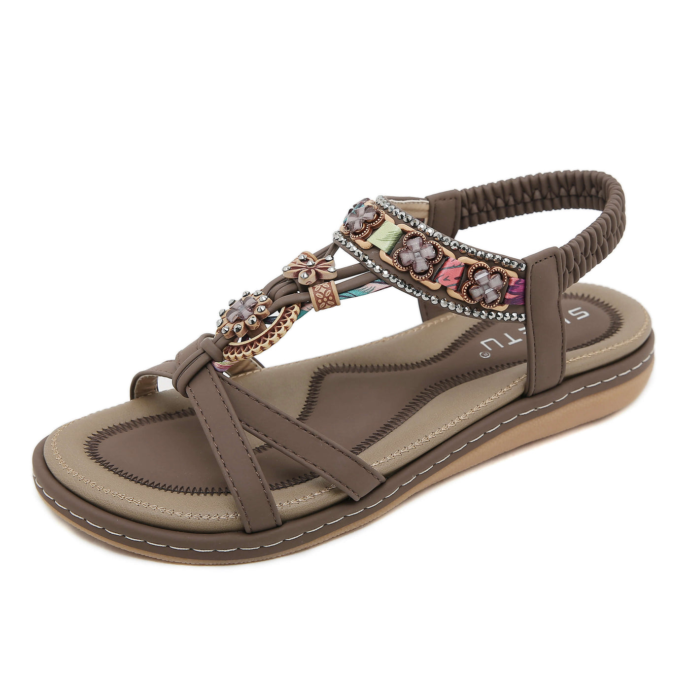 Siketu | Boho Daisy Beaded Cushioned Sandal - brown