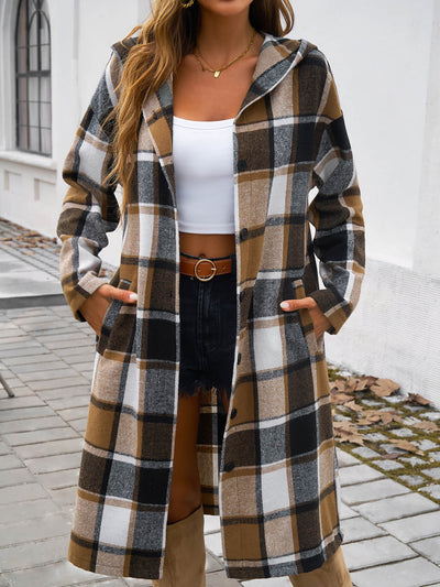 Town Stroll Plaid Hooded Coat - Brown