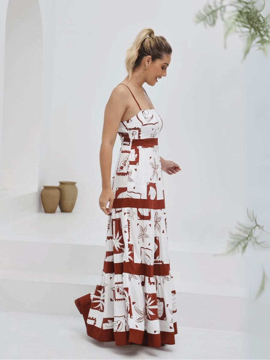 Mahana Printed Tiered Maxi Dress - Brown