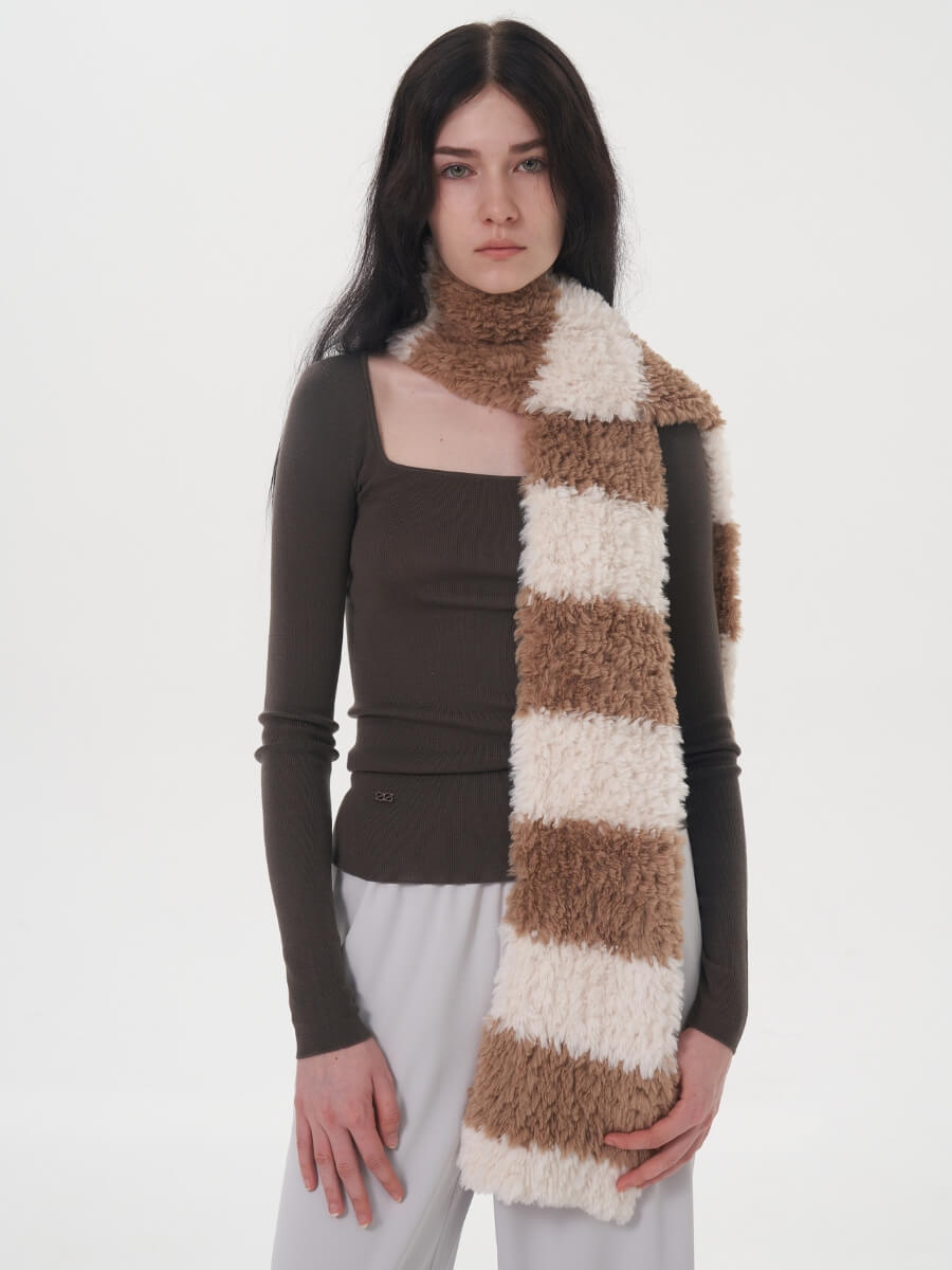 Clarita Fluffy Stripe Scarf - Brown