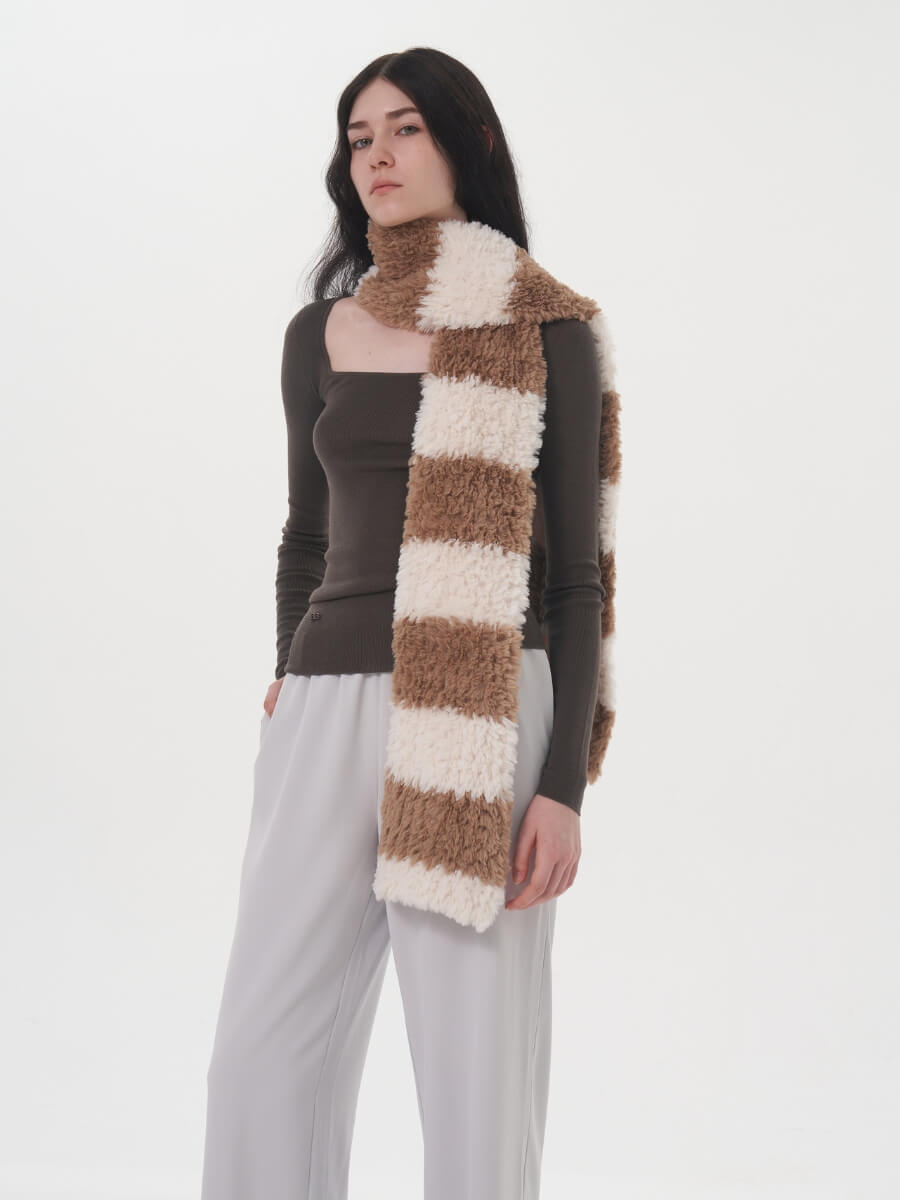 Clarita Fluffy Stripe Scarf - Brown