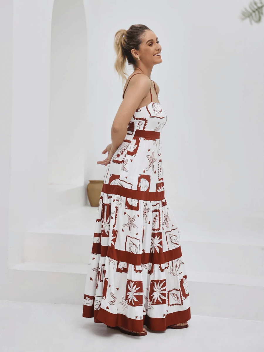 Mahana Printed Tiered Maxi Dress - Brown