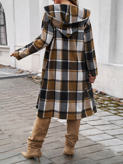 Town Stroll Plaid Hooded Coat - Brown