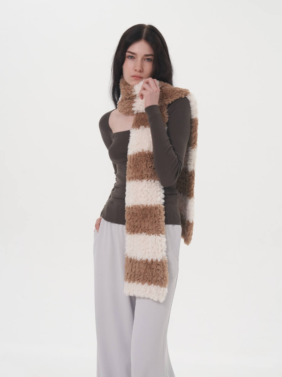 Clarita Fluffy Stripe Scarf - Brown