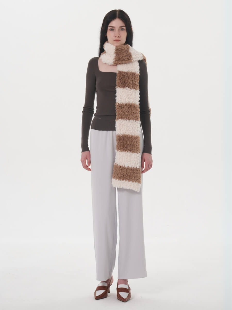 Clarita Fluffy Stripe Scarf - Brown