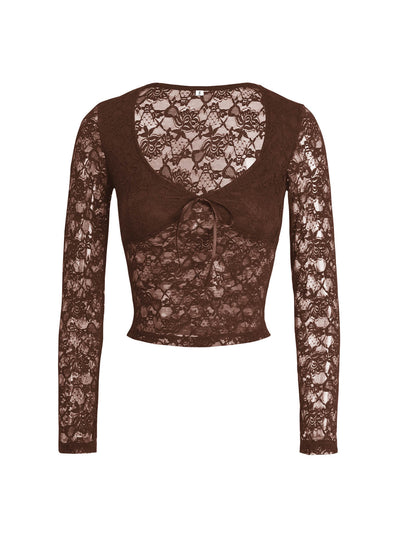 Nicola Long Sleeve Lace Crop Top - brown