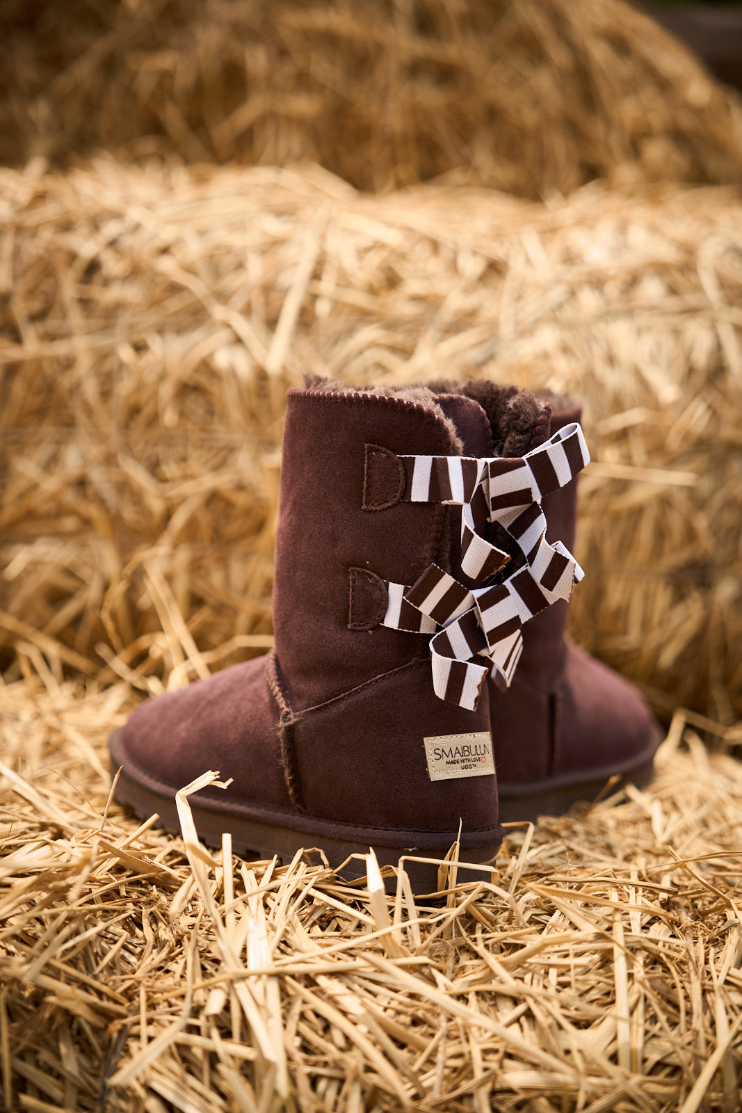 Smaibulun Ugg | Serenity Striped Bailey Bow Shearling Boots - Brown