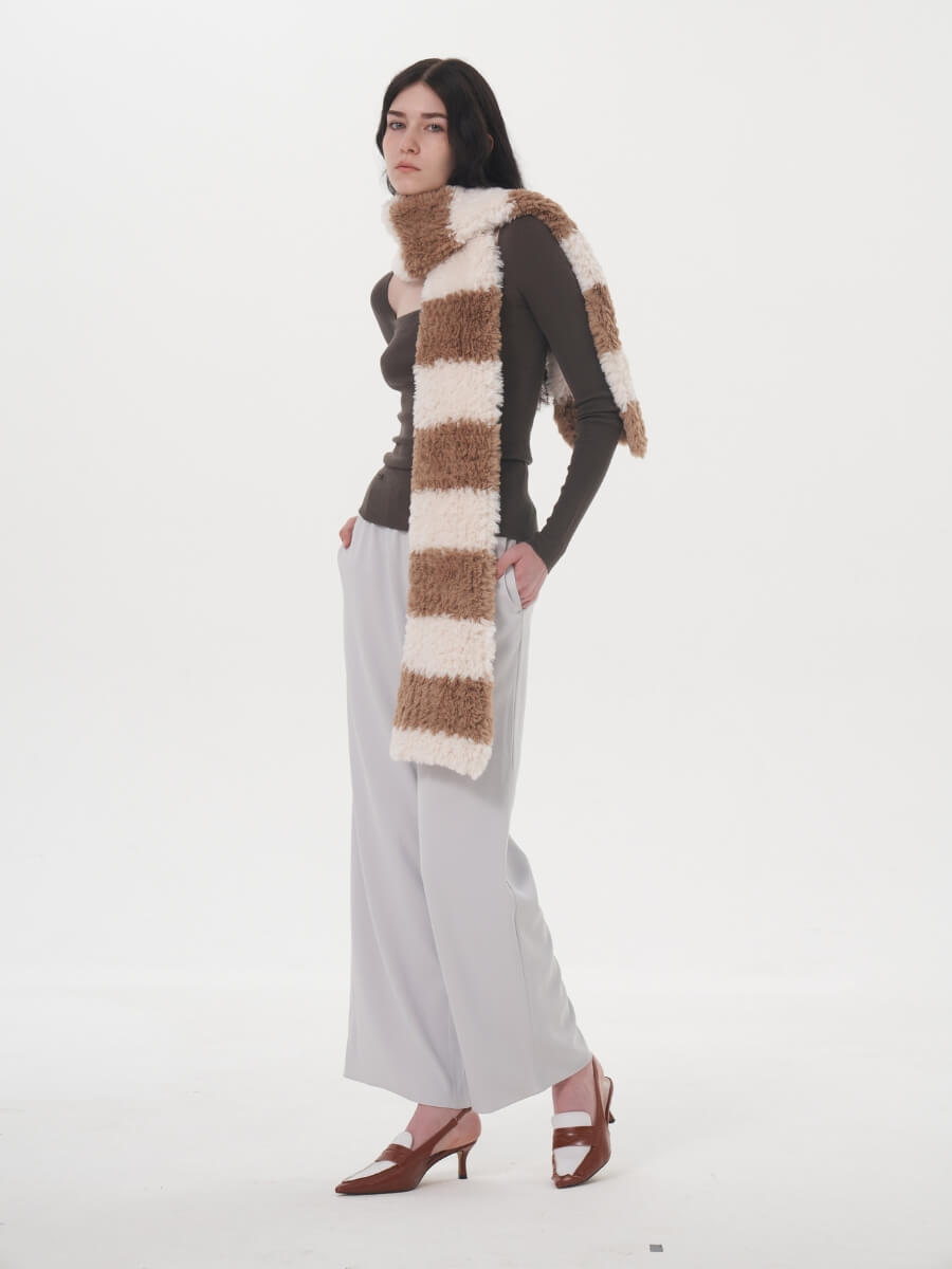 Clarita Fluffy Stripe Scarf - Brown