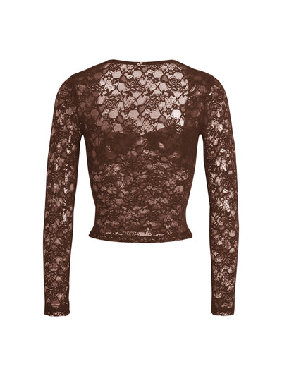 Nicola Long Sleeve Lace Crop Top - brown