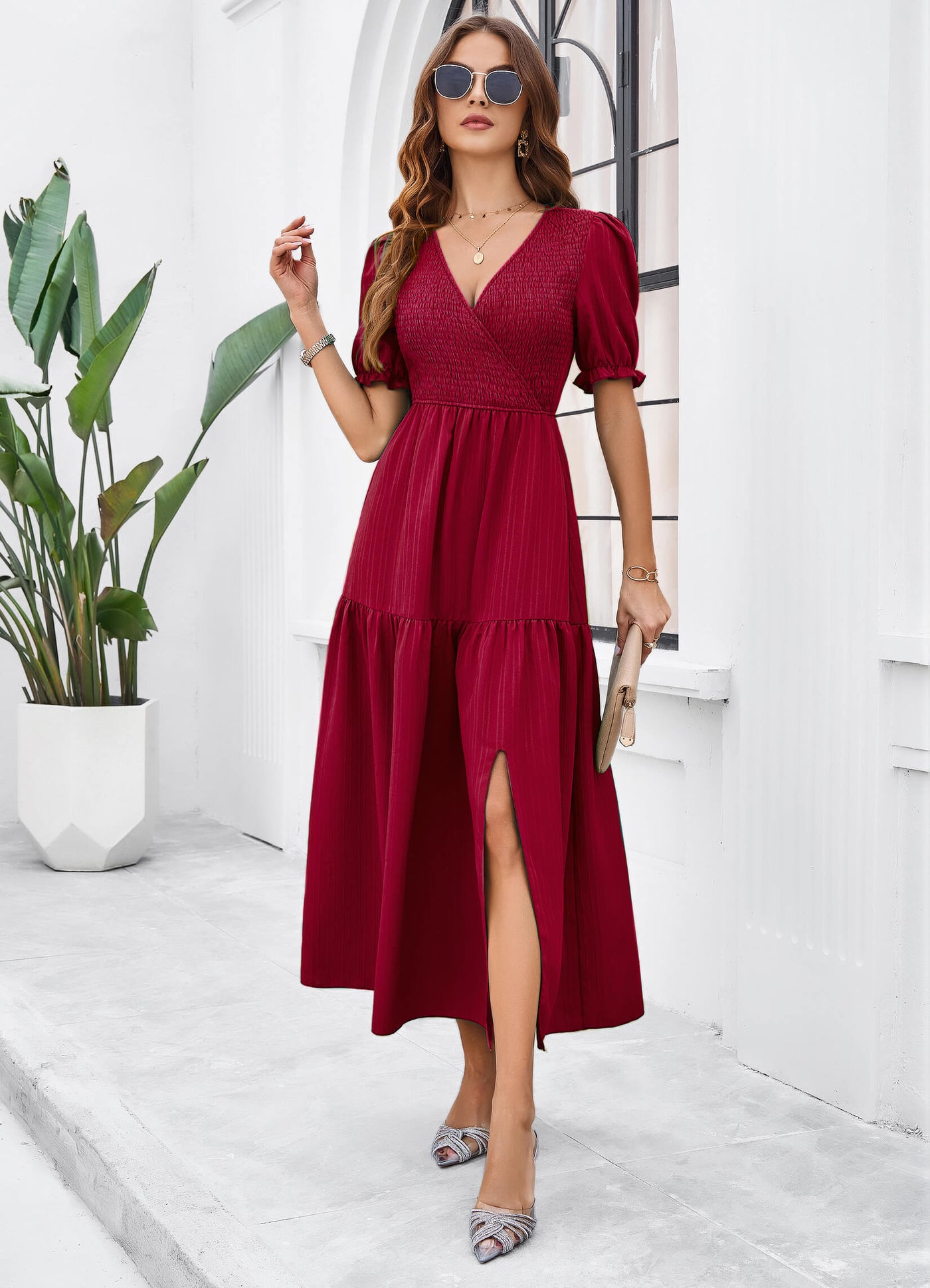 Meadow Smock Midi Dress - Burgundy, S / Burgundy Meadow Smock Midi Dress - Burgundy, S / Burgundy