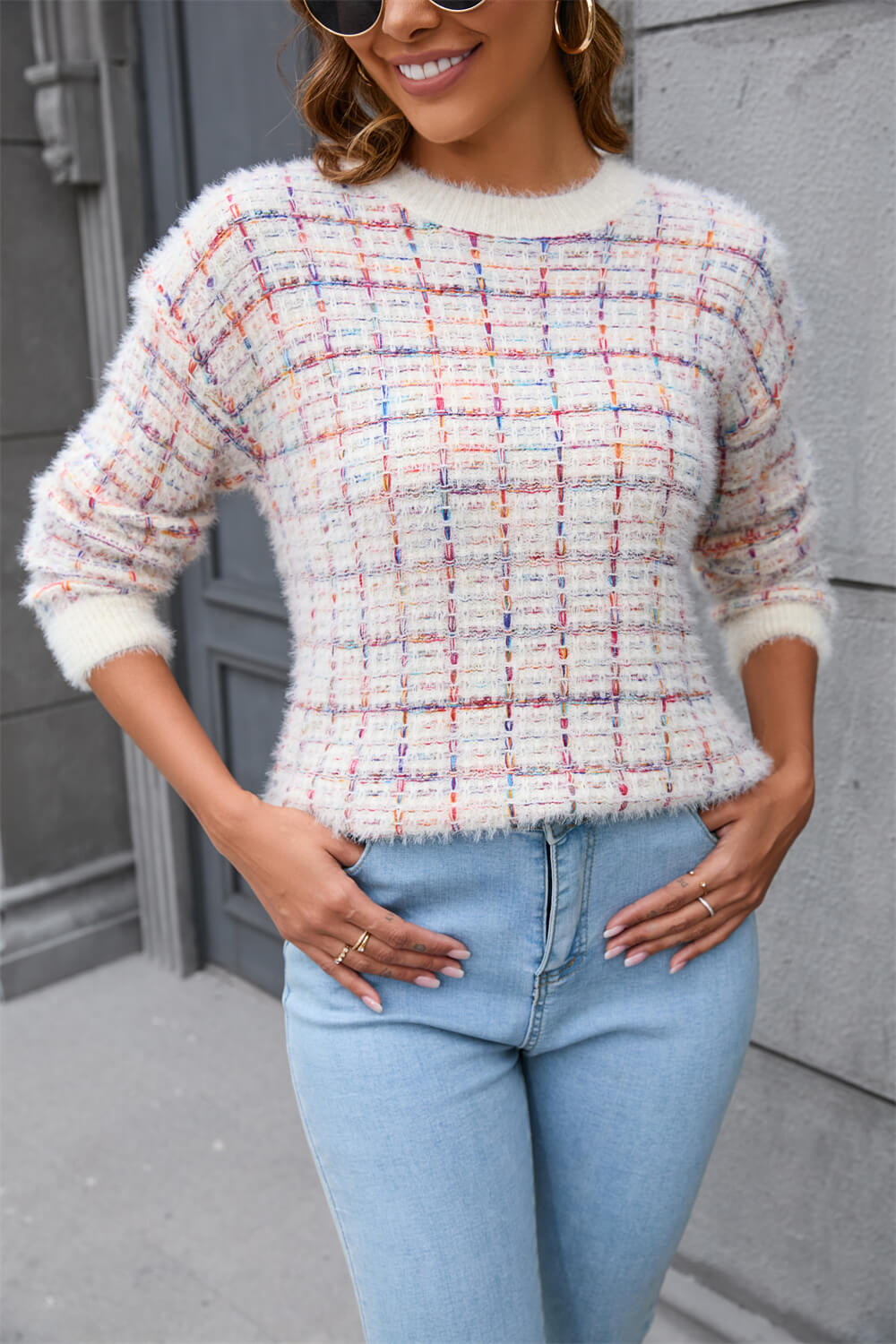 Taylor Plaid Fuzzy Knit Sweater - Cream