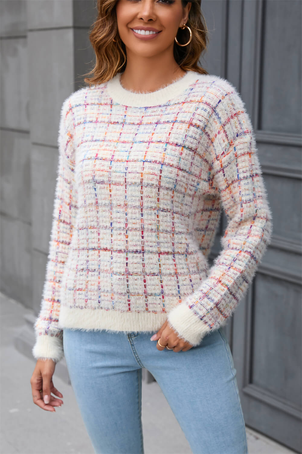 Taylor Plaid Fuzzy Knit Sweater - Cream