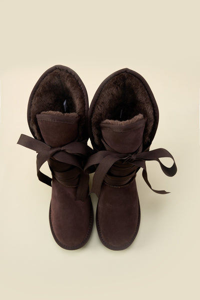 SMAIBULUN Ugg | Ribbon Lace-Up Faux Fur-lined Suede Boot - Chocolate