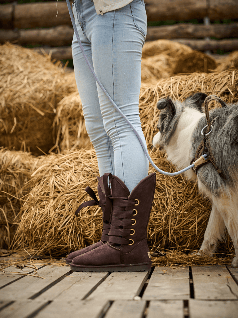 アンドマリー Elina ribbon long boots Annamarie Lace-Up Knee High Heel Boots - Tan – Cape Robbin