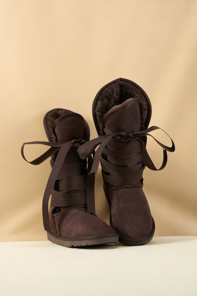 SMAIBULUN Ugg | Ribbon Lace-Up Faux Fur-lined Suede Boot - Chocolate