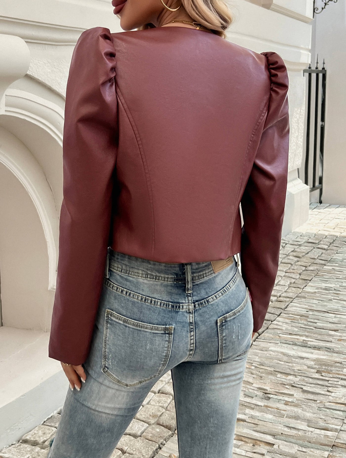 Kelsea Cropped Faux Leather Shacket - Claret