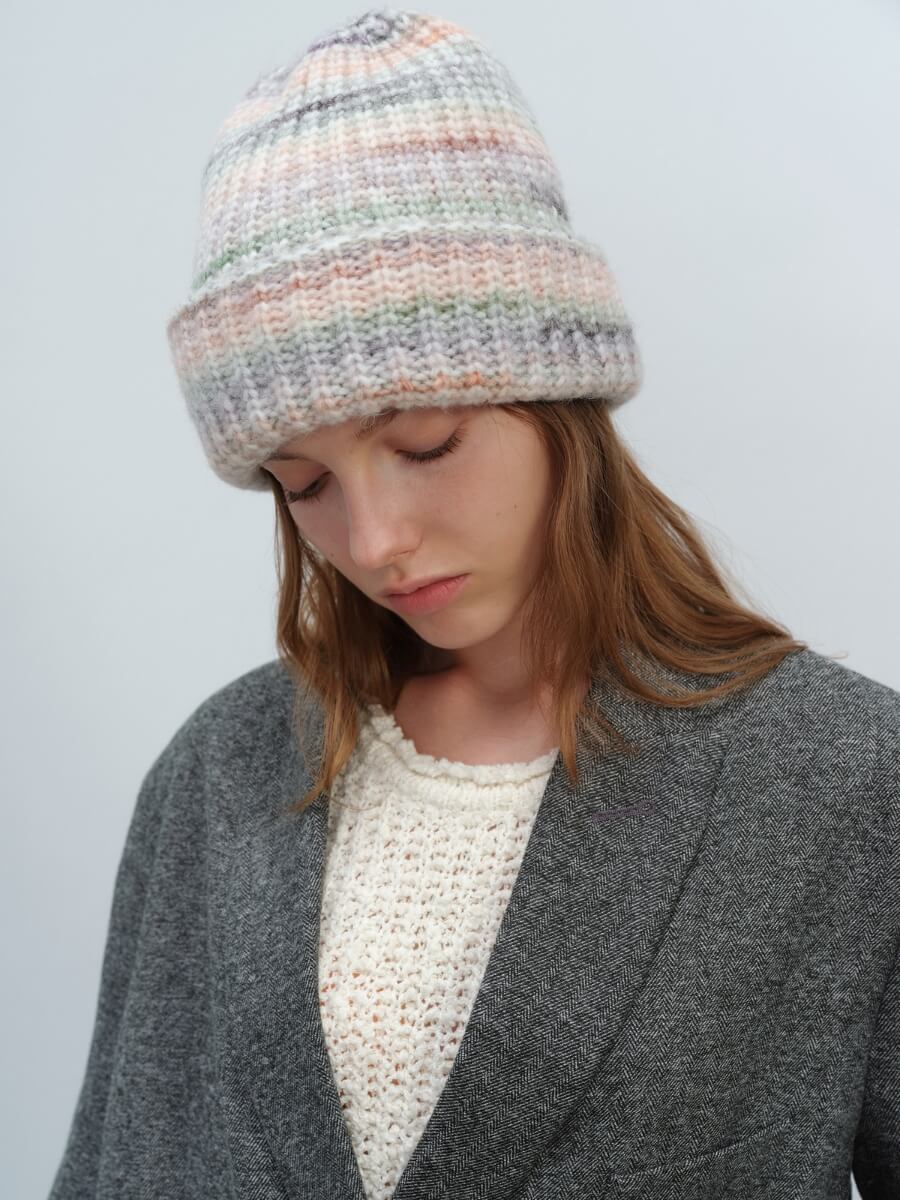 Wool Blend Gradient Knit Beanie - Cream