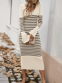 Eloise Striped Bodycon Sweater Midi Dress - Cream