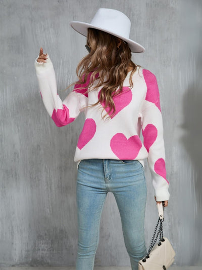 Mega Love Heart Prints Knit Sweater - Cream