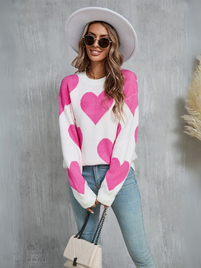 Mega Love Heart Prints Knit Sweater - Cream