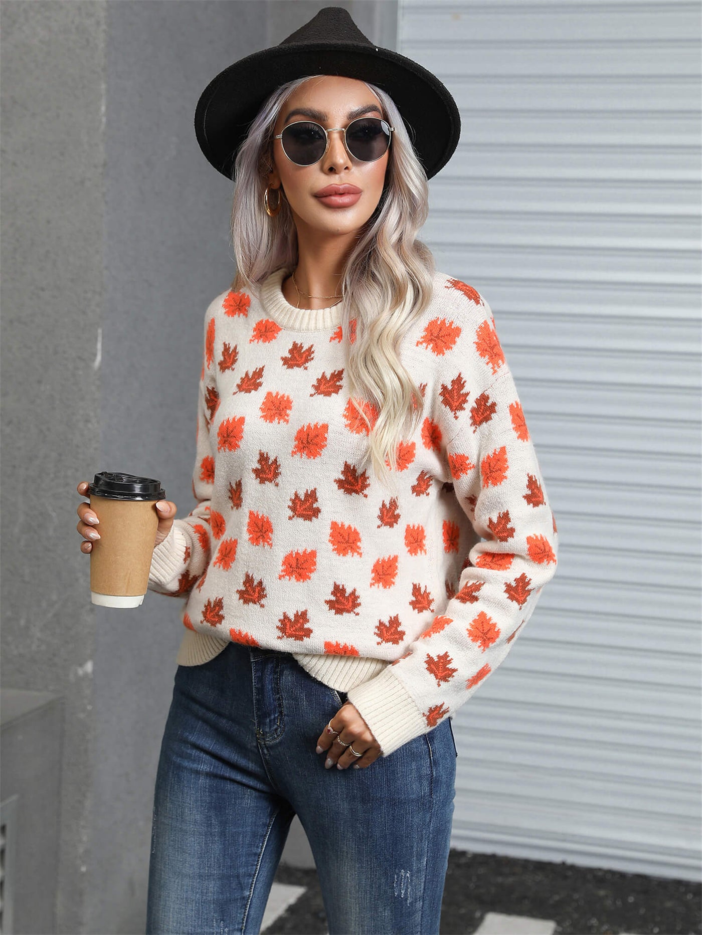 Sweet Maple Leaf Pullover Sweater - Cream