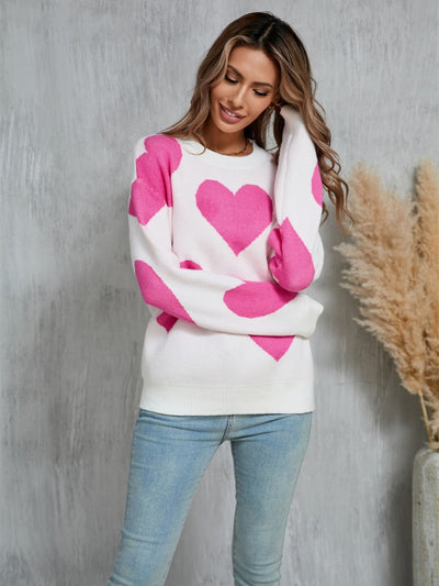 Mega Love Heart Prints Knit Sweater - Cream