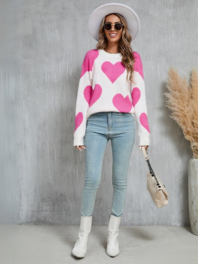 Mega Love Heart Prints Knit Sweater - Cream