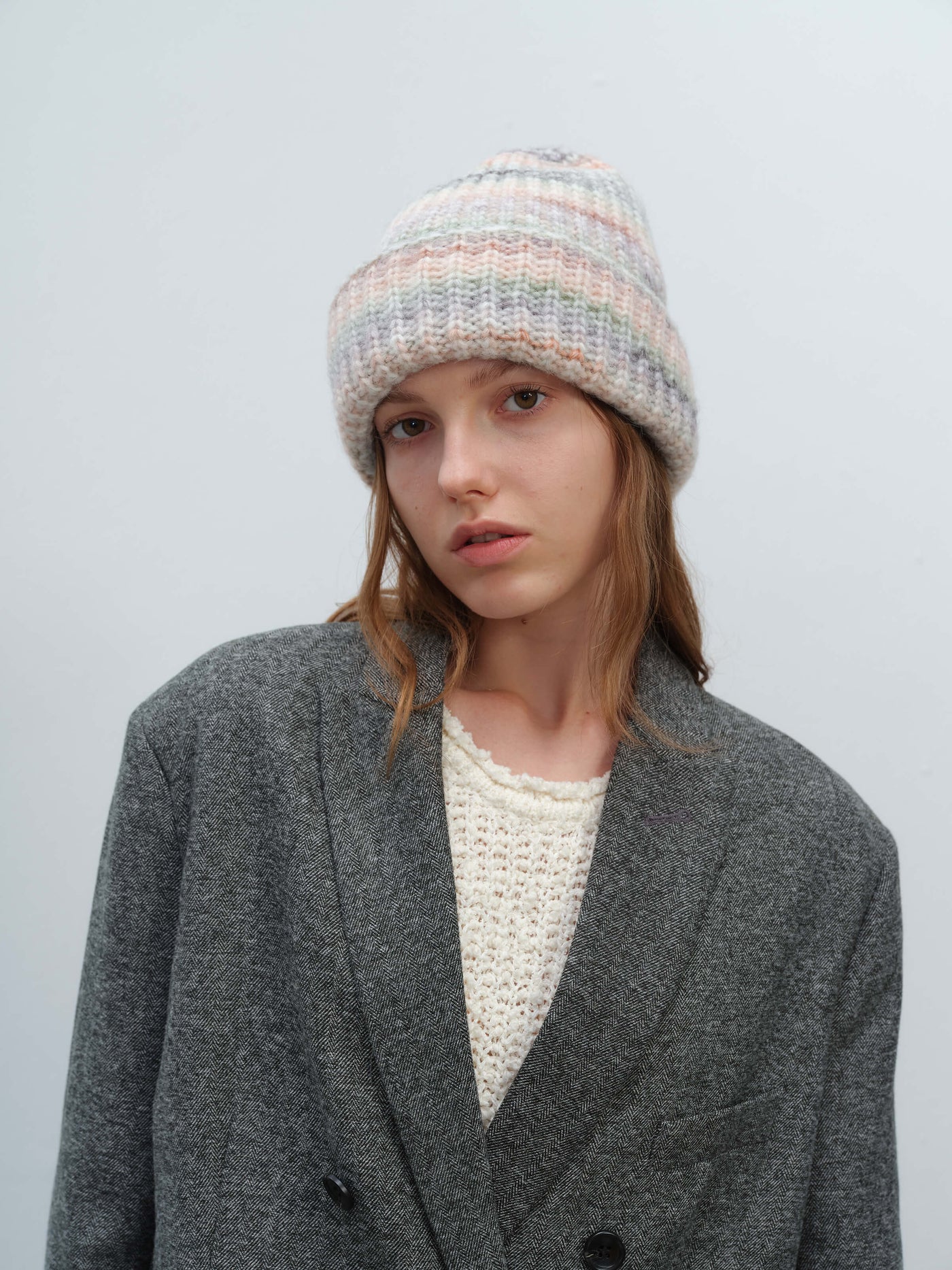 Wool Blend Gradient Knit Beanie - Cream