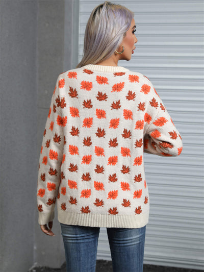 Sweet Maple Leaf Pullover Sweater - Cream