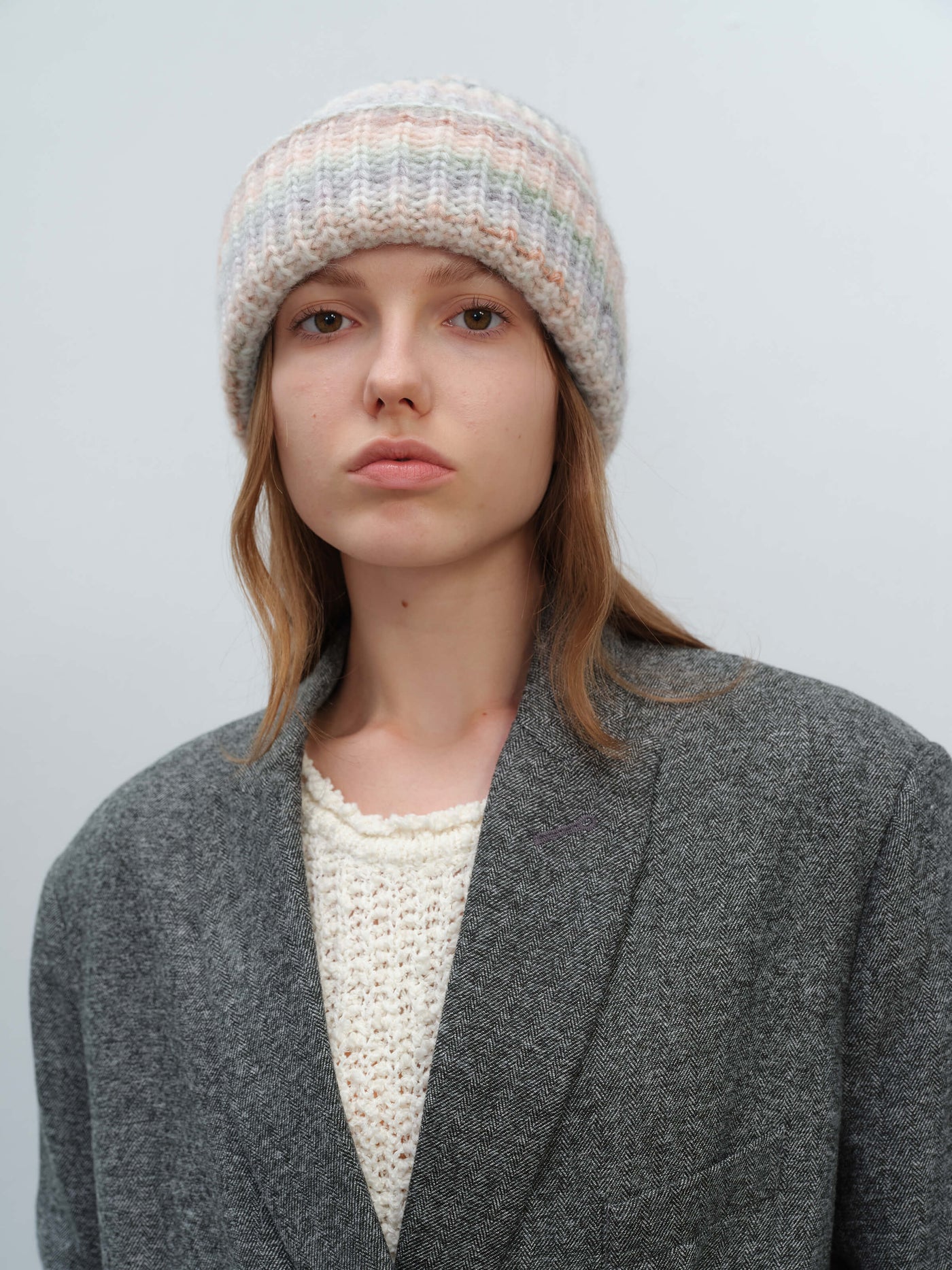 Wool Blend Gradient Knit Beanie - Cream