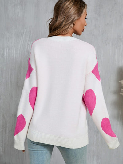 Mega Love Heart Prints Knit Sweater - Cream