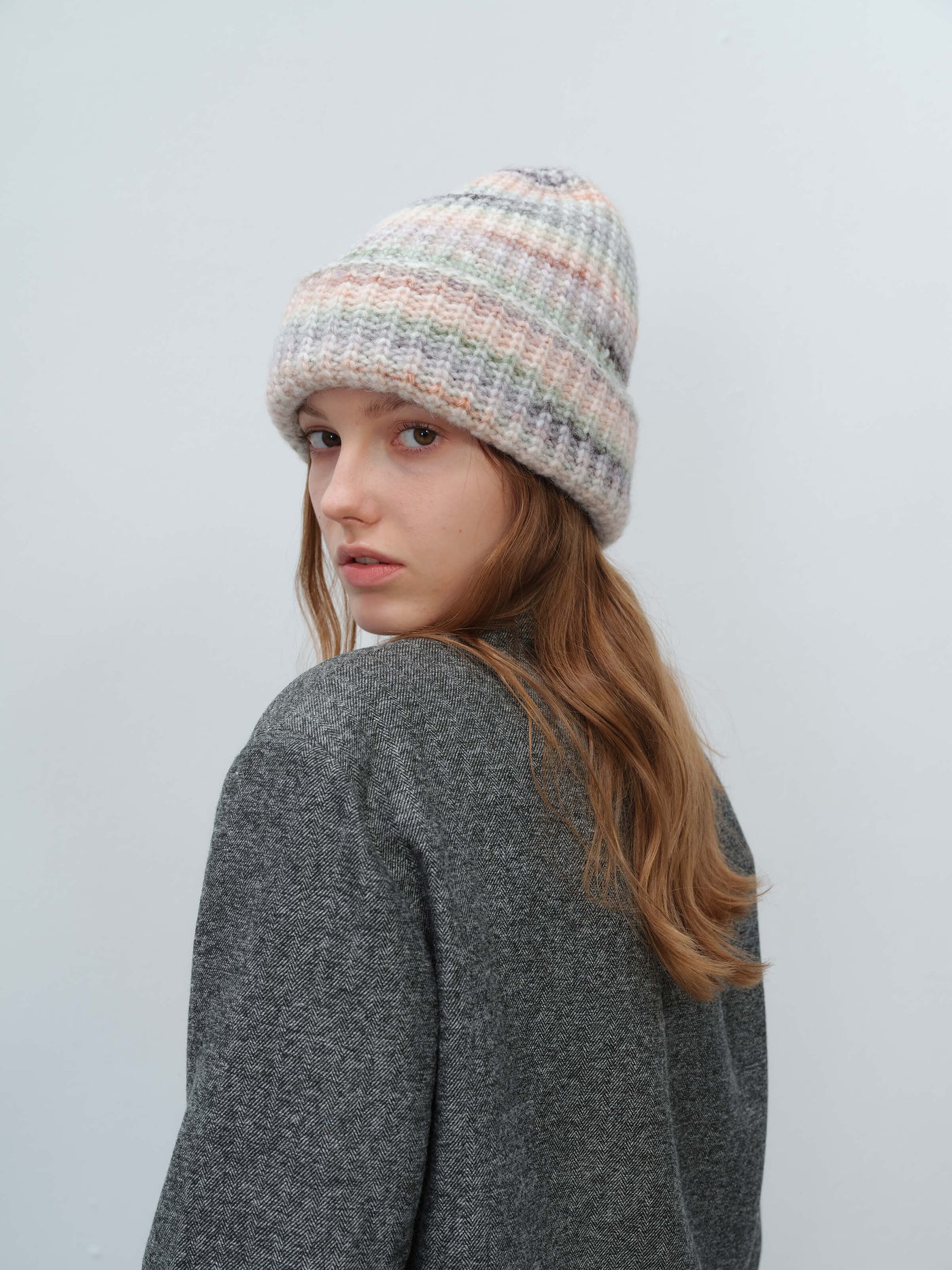 Wool Blend Gradient Knit Beanie - Cream