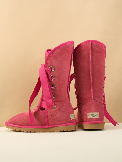 SMAIBULUN Ugg | Ribbon Lace-Up Faux Fur-lined Suede Boot - Fuchsia