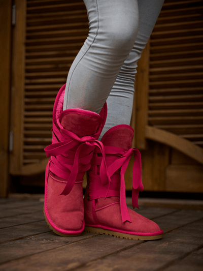 SMAIBULUN Ugg | Ribbon Lace-Up Faux Fur-lined Suede Boot - Fuchsia