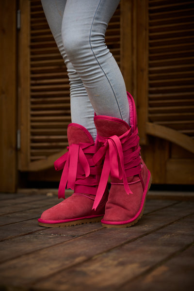 SMAIBULUN Ugg | Ribbon Lace-Up Faux Fur-lined Suede Boot - Fuchsia