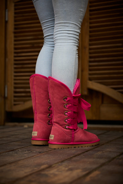 SMAIBULUN Ugg | Ribbon Lace-Up Faux Fur-lined Suede Boot - Fuchsia